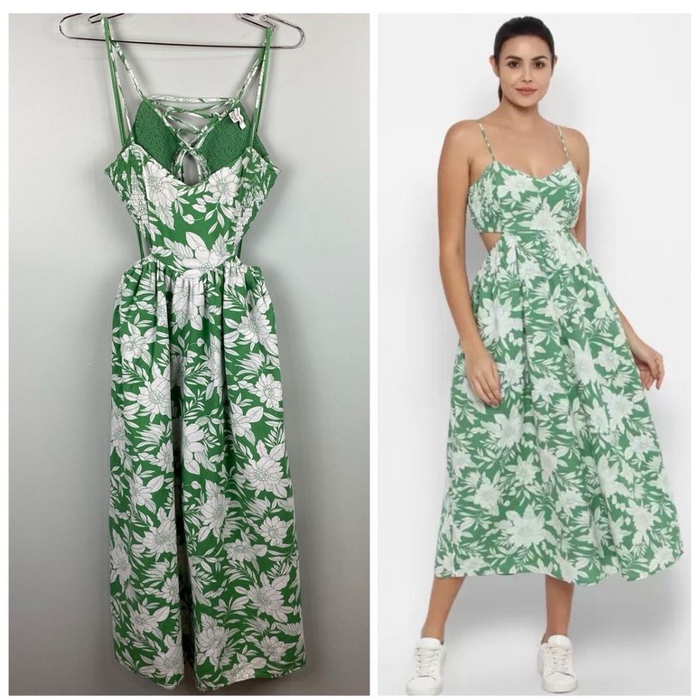 American Eagle green floral linen blend Sunset Midi dress